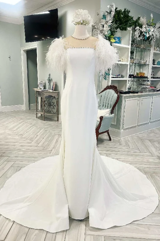 Price Reduction White Feather Illusion Neck Mermaid Long Bridal Gown