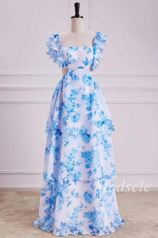 Deal Zone Flutter Sleeve Cutout Tiered Floral Print Maxi Dress