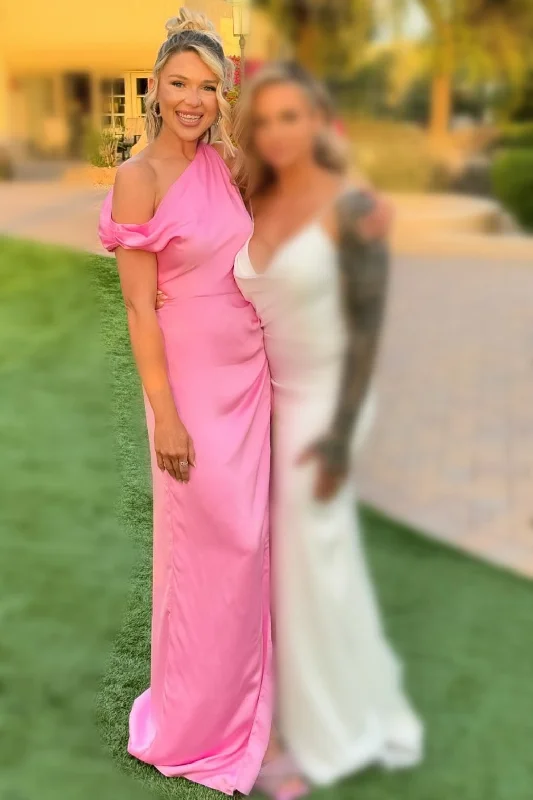 Price Reduction Asymmetrical Maxi Bridesmaid Dress with Slit in Pink