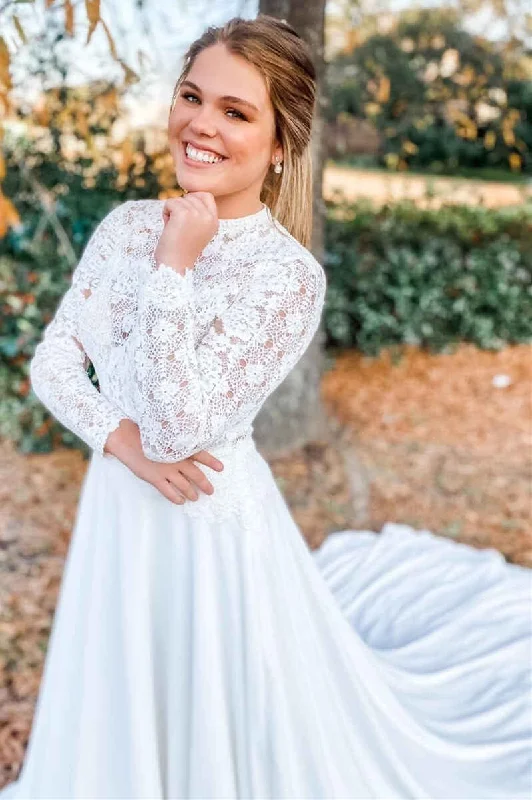 TIME-Limited Offer White Lace High Collar Long Sleeve Long Wedding Dress