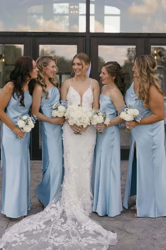 Deal of the Week Spaghetti Straps Blue Satin Pleats with Slit Simple Long Bridesmaid Dress