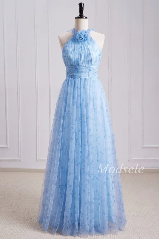 Overstock Sale Blue Print Halter Long Bridesmaid Dress with Rosette