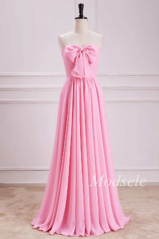 Sneak Peek Sale Strapless Bow Front A-Line Chiffon Maxi Dress in Pink