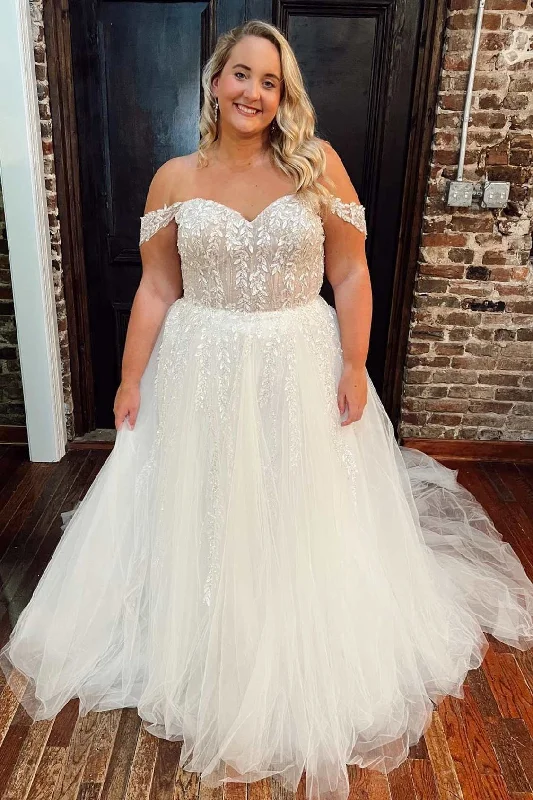 Super Sale White Floral Lace Off-the-Shoulder A-Line Wedding Dress