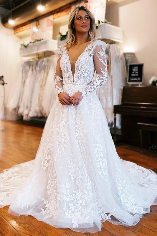 Big Discounts Ivory Appliques Plunge V A-Line Long Wedding Dress with Long Sleeves