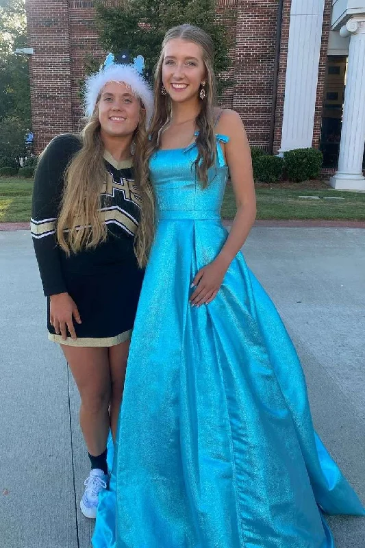 Savings Alert A-Line Spaghetti Straps Satin Pleated Long Prom Formal Dress with Bow