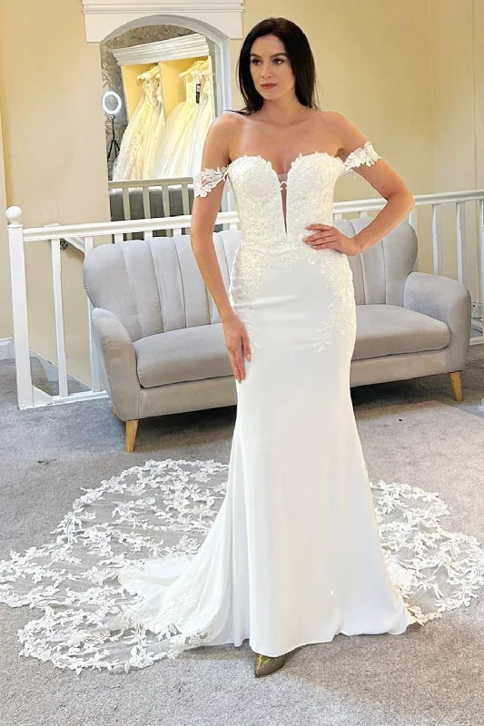 Grand Opening Sale White Off-the-Shoulder Scalloped Lace Mermaid Long Wedding Dress