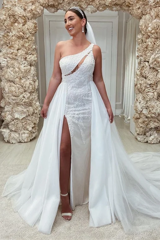 Crazy Deals White Beaded One-Shoulder Cutout Wedding Dress