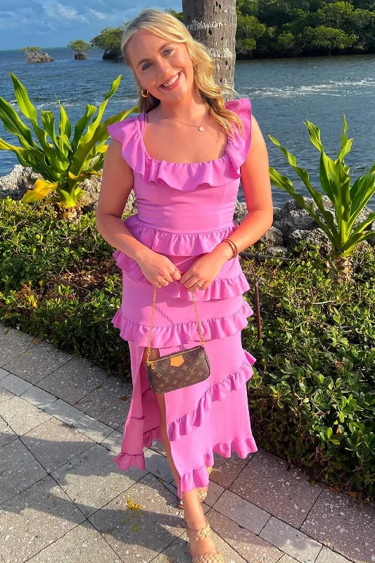 Bonus Savings Square Neck Ruffle Midi Dress with Slit in Fuchsia