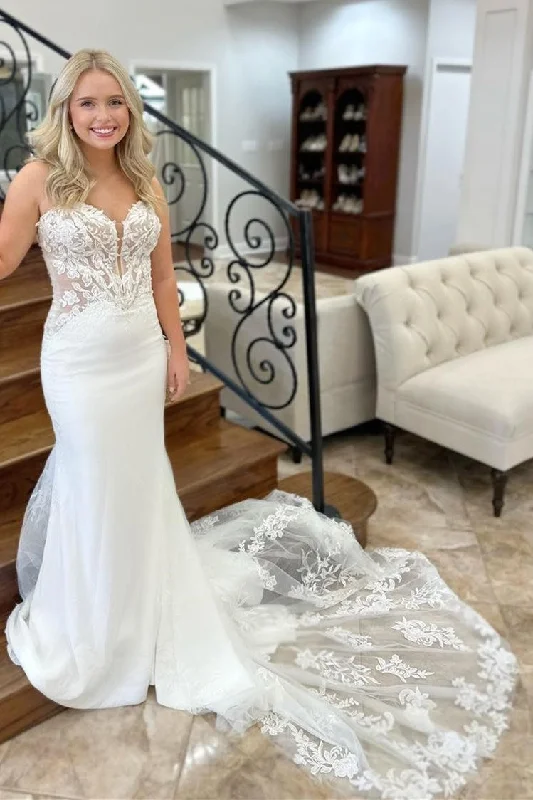 Extra Savings White Strapless Appliques Trumpet Long Bridal Gown
