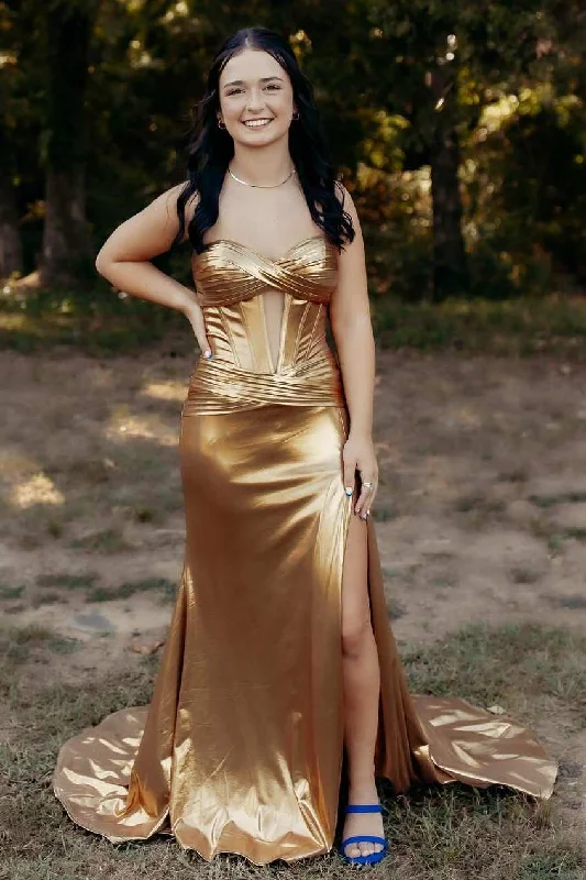 Flash Deals Gold Strapless Mermaid Metallic Sleeveless Keyhole  Side Slit Long Prom Dress