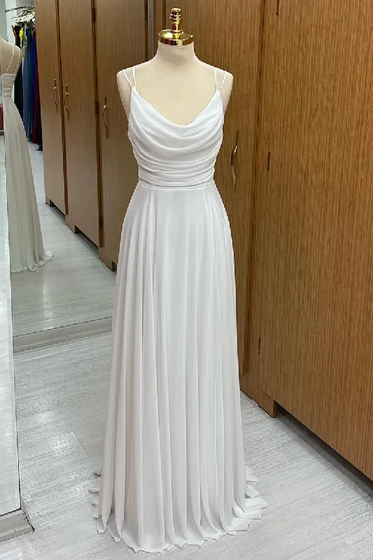 Act Fast White Cowl Neck Chiffon Bridesmaids with Spaghetti Straps