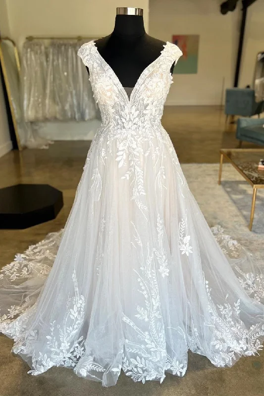 Shop and Save White Tulle Lace Plunge V Backless Long Bridal Gown