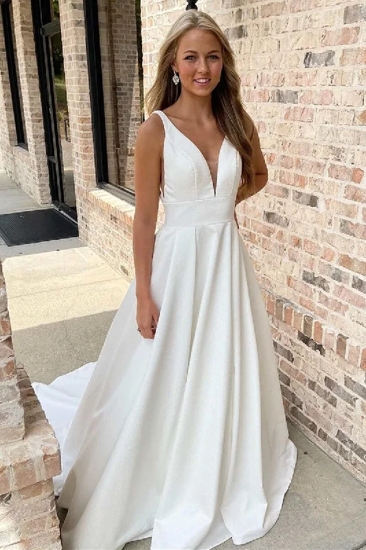 New Deals White V-Neck Cross-Back A-Line Long Wedding Gown
