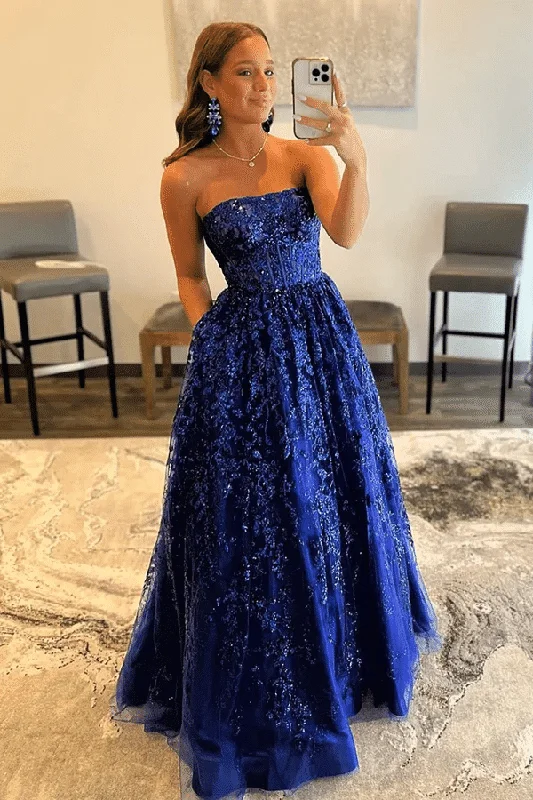 Deal Dash A-Line Strapless Empire-Waist Sleeveless Appliques Long Prom Dress