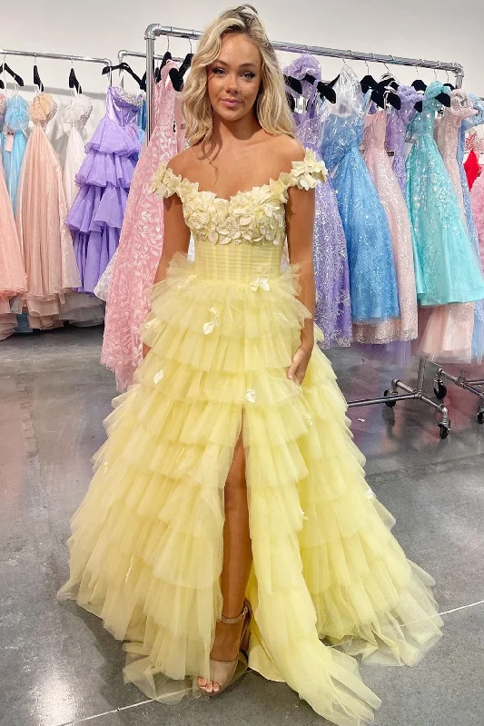 Clearance Items 3D Floral Lace Off-the-Shoulder Ruffle Tiered Prom Gown