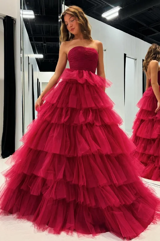 Hurry In White Strapless Tiered A-Line Long Prom Dress with Ruffles