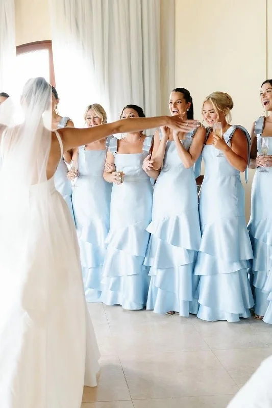 Midnight Madness Light Blue Straps with Bows Mermaid Satin Tiered Long Bridesmaid Dress