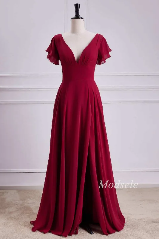 Buy Now V-Neck Chiffon Maxi Dress with Flutter Sleeves in Red
