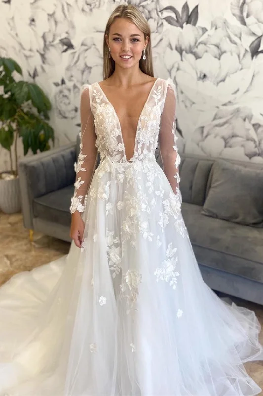 Fantastic Offers A-Line White Floral Plunging Neck Backless Wedding Dress