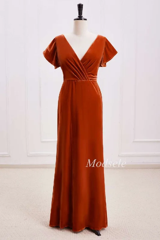 Customer Appreciation Sale Rust Orange Velvet Surplice Backless Bridesmaid Dress
