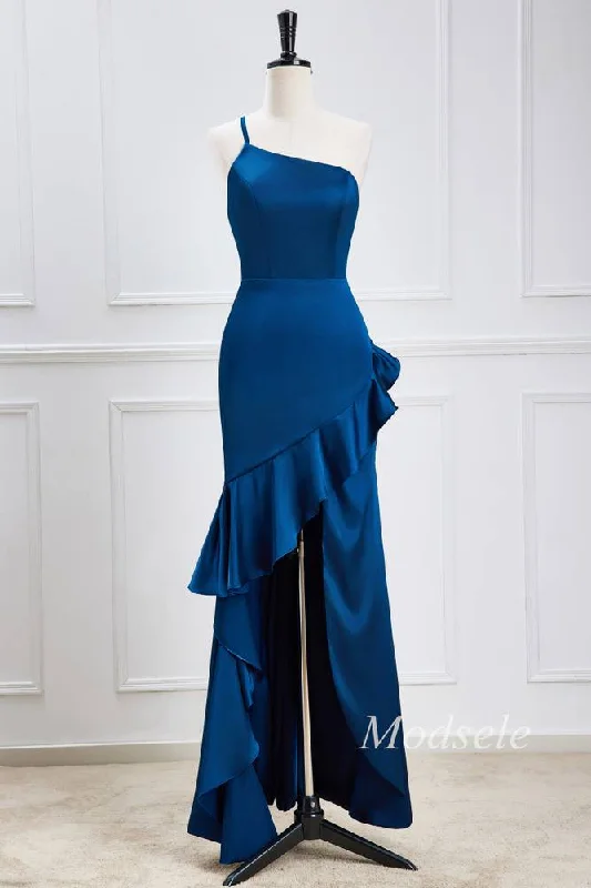 Stock Clearance Navy Blue One-Shoulder Ruffle High-Low Dress