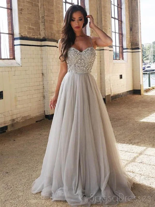 Mega Sale Sweetheart Gray Beaded A line Tulle Evening Prom Dresses, Cheap Party Prom Dresses, Custom Long Prom Dresses, Cheap Formal Prom Dresses, 17143