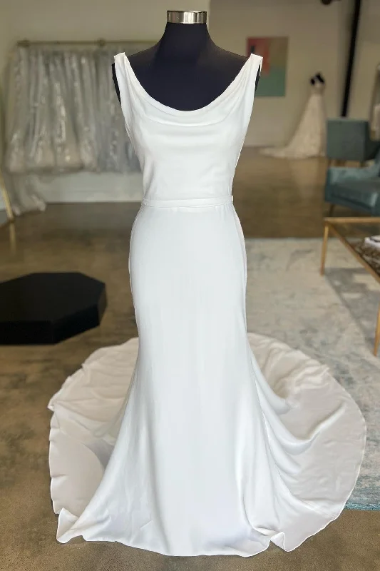 New Arrival White Cowl Neck Open Back Mermaid Long Wedding Dress
