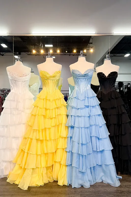 Discount Days A-Line Strapless V-Neck Tiered Empire-Waist Long Prom Dress