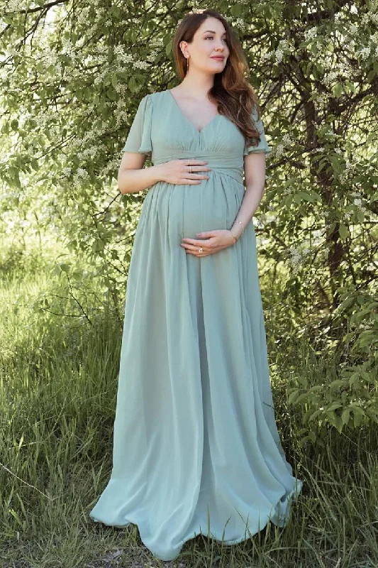 Epic Deals Dusty Sage V-Neck Maternity Bridesmaid Dress with Flared Sleeves