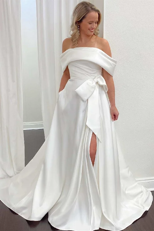 Bonus Savings White Satin Off-the-Shoulder Bow A-Line Bridal Gown with Slit