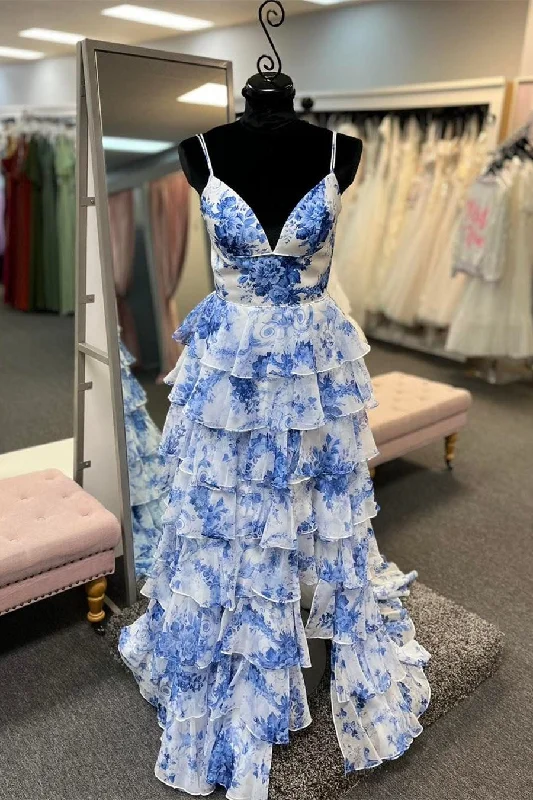Hot Deal Blue Print V-Neck Ruffle Tiered Long Dress with Slit