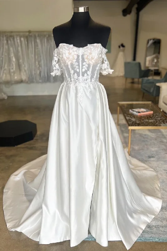 Limited Time Offer White Satin Off-the-Shoulder Appliques Long Wedding Dress