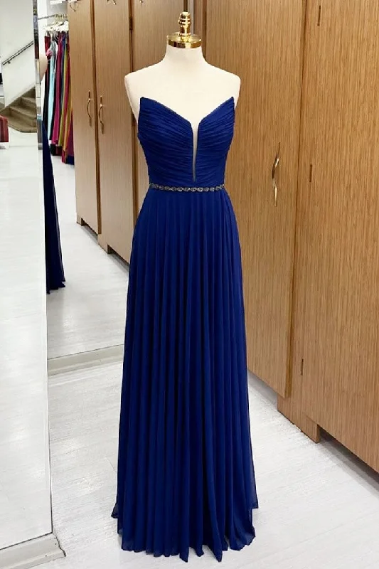 Exclusive Access Royal Blue Strapless Chiffon Wedding Guest Dress with Beaded Sash