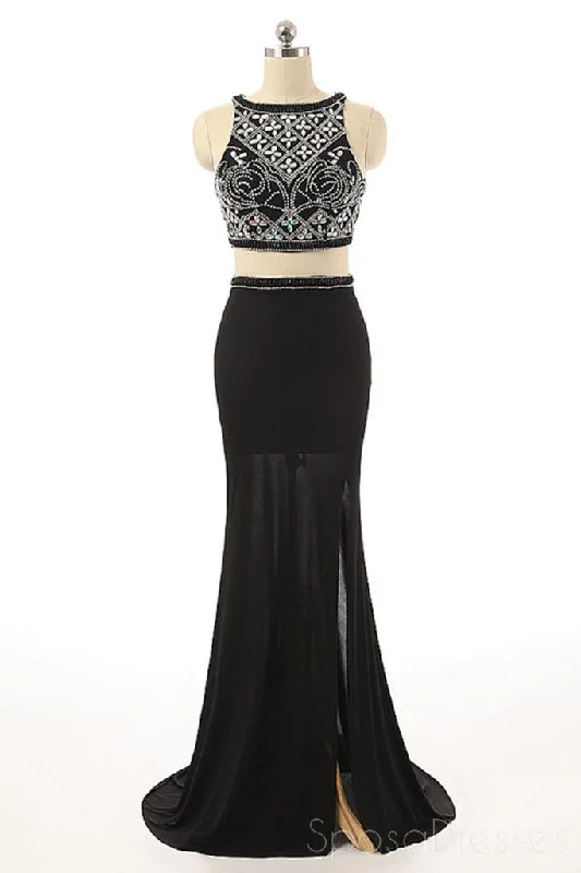 Savings Galore Sexy Two Pieces Beaded Evening Prom Dresses, Black Long Slit Party Prom Dress, Custom Long Prom Dresses, Cheap Formal Prom Dresses, 17058
