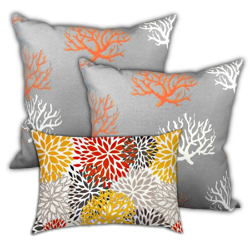 Exclusive Offers China Coral Sea Indoor/Outdoor, Zippered Pillow Cover, Set of 2 Large & 1 Lumbar, Grey, Seafoam, Yellow