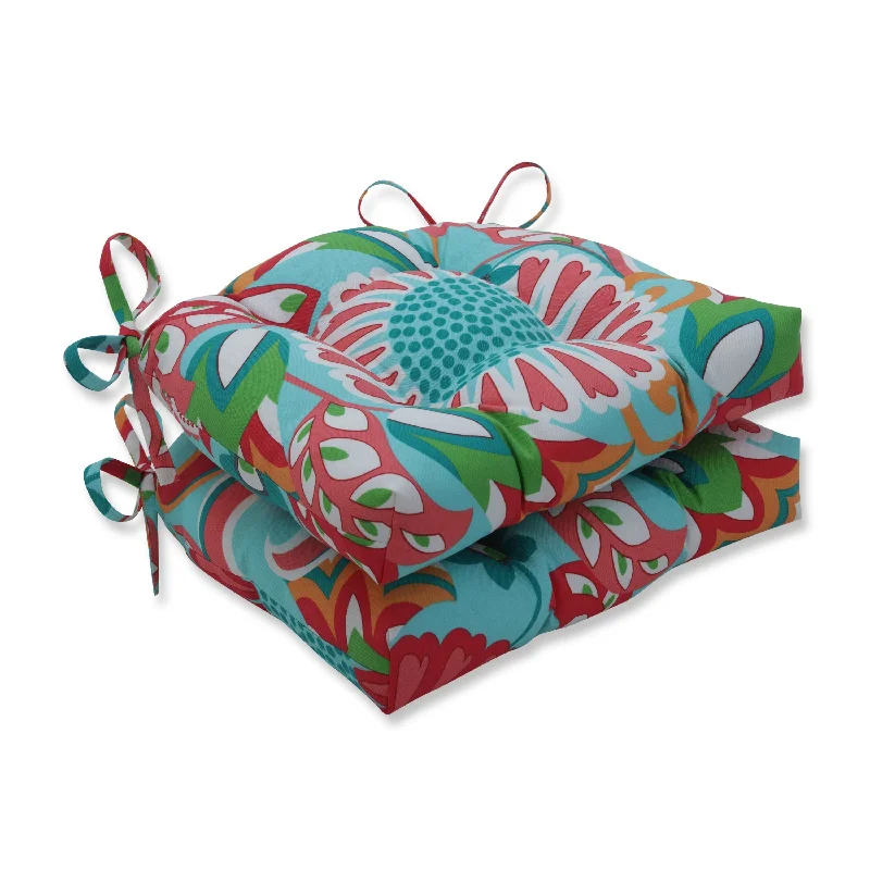 Mega Sale Pillow Perfect Outdoor Sophia Turquoise/Coral Deluxe Tufted Chairpad (Set of 2) - 17 X 17.5 X 4 - 17 X 17.5 X 4