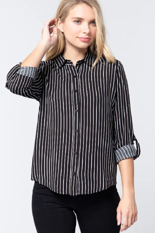 Deal Mania 3/4 Roll Up Slv Stripe Print Shirt