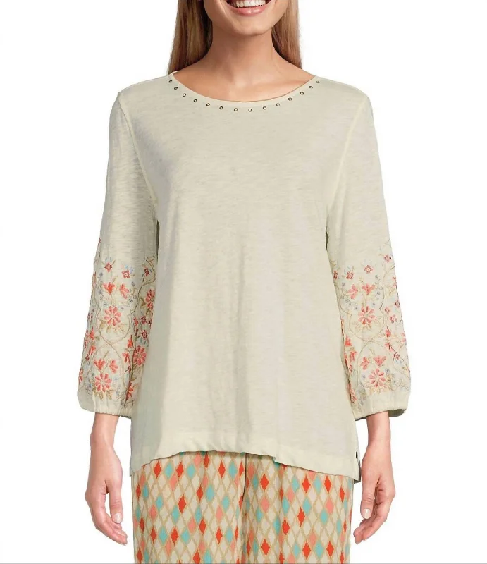 Lowest Price 3/4 Sleeve Scoop Neck Top With Embroidery In Ivory
