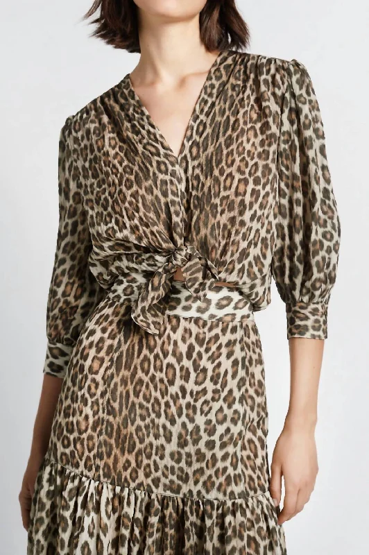 Exclusive Preview 3/4 Sleeve Tie Front Blouse In Leopard