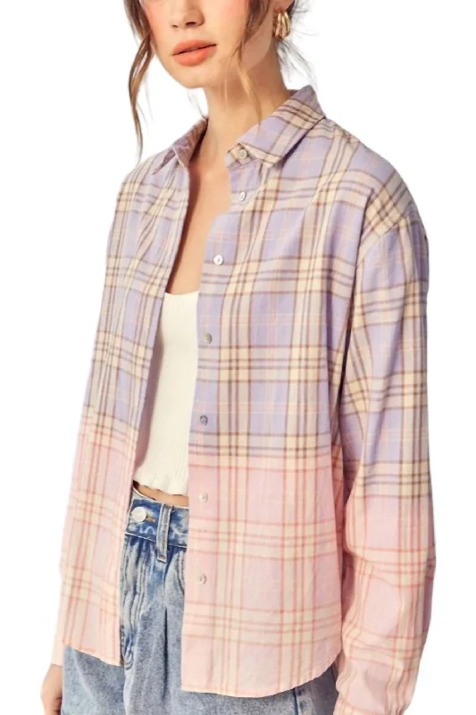 Epic Deals Amanda Ombre Plaid Cotton Flannel Top In Purple/pink
