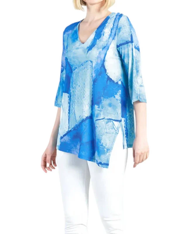 Limited Stock Asymmetrical Watercolor Tunic Top In Peri Blue