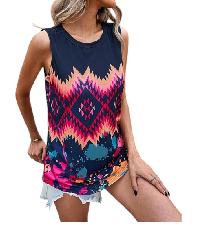 Daily Deals Aztec Tribal Tie-Dye Print Tank Top In Black Multi