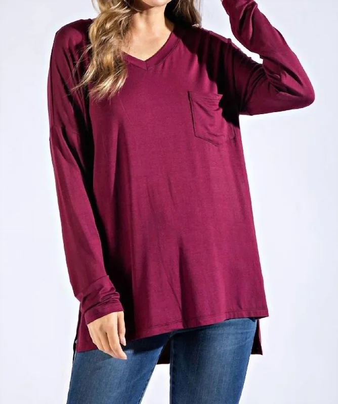 Super Deal Basic Pocket Solid Tee In Wine