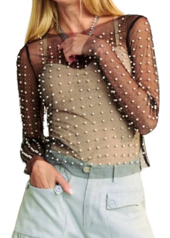 Take Advantage Bead And Pearl Mesh Top In Black