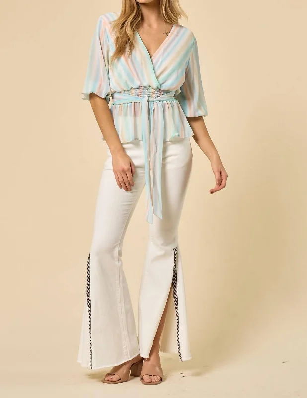 Super Sale Blouse With Smocked Waist In Mint/ Peach