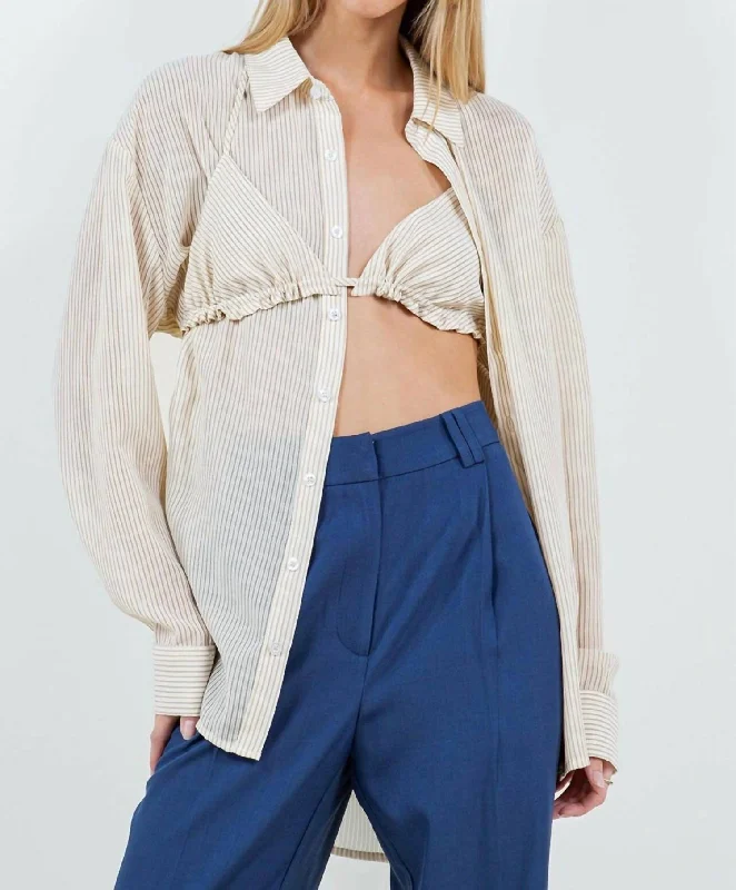Unmissable Offer Button-Up Sheer Blouse With Bikini Top In Ivory/camel