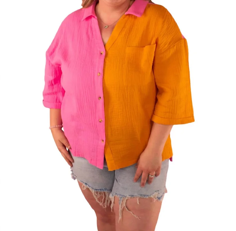 Markdown Madness Button-Up Top In Sunset Sorbet