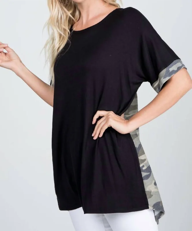 Sneak Peek Sale Camo Criss Cross Tunic Top In Black