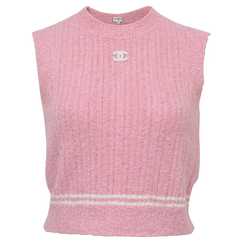 Best Bargains Chanel 2022 Crewneck Tweed CC Crop Top in Pink Viscose